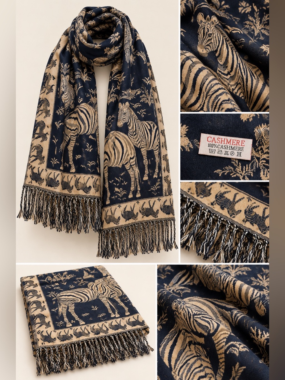 Cashmere Zebra Pattern Navy and Beige Scarf